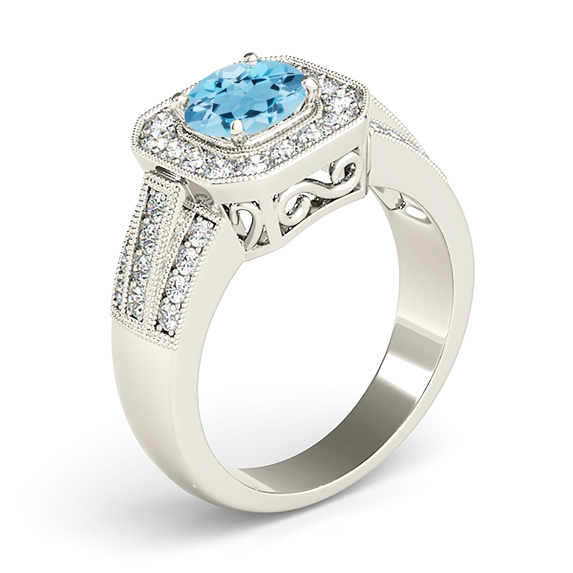 1.10 ct. Genuine Aquamarine Ring With 0.60 ctw. Diamond Halo And Triple row Diamond Solid Gold band | Round Blue Aquamarine Halo Ring-VIRABYANI